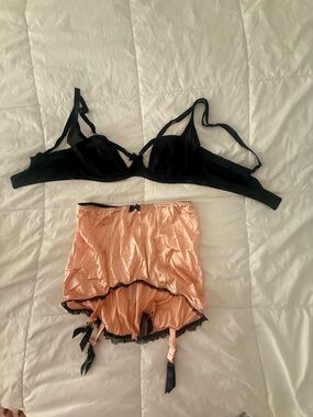 Black Bra and Peach Satin Garter Skirt Lingerie Set